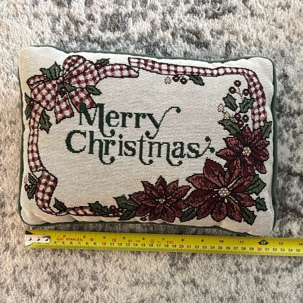Festive vintage hand stitched Holiday Pillow with Red and Green Design